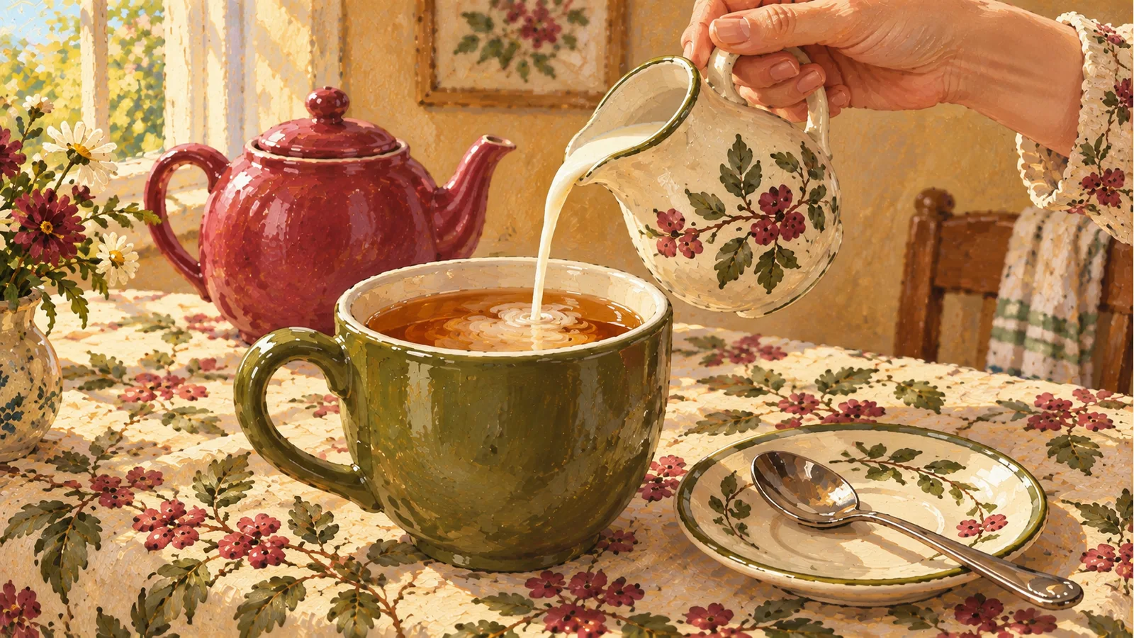 Milk pours from a floral cream jug into an olive cup of tea, with a berry teapot and a spoon on a saucer nearby.
